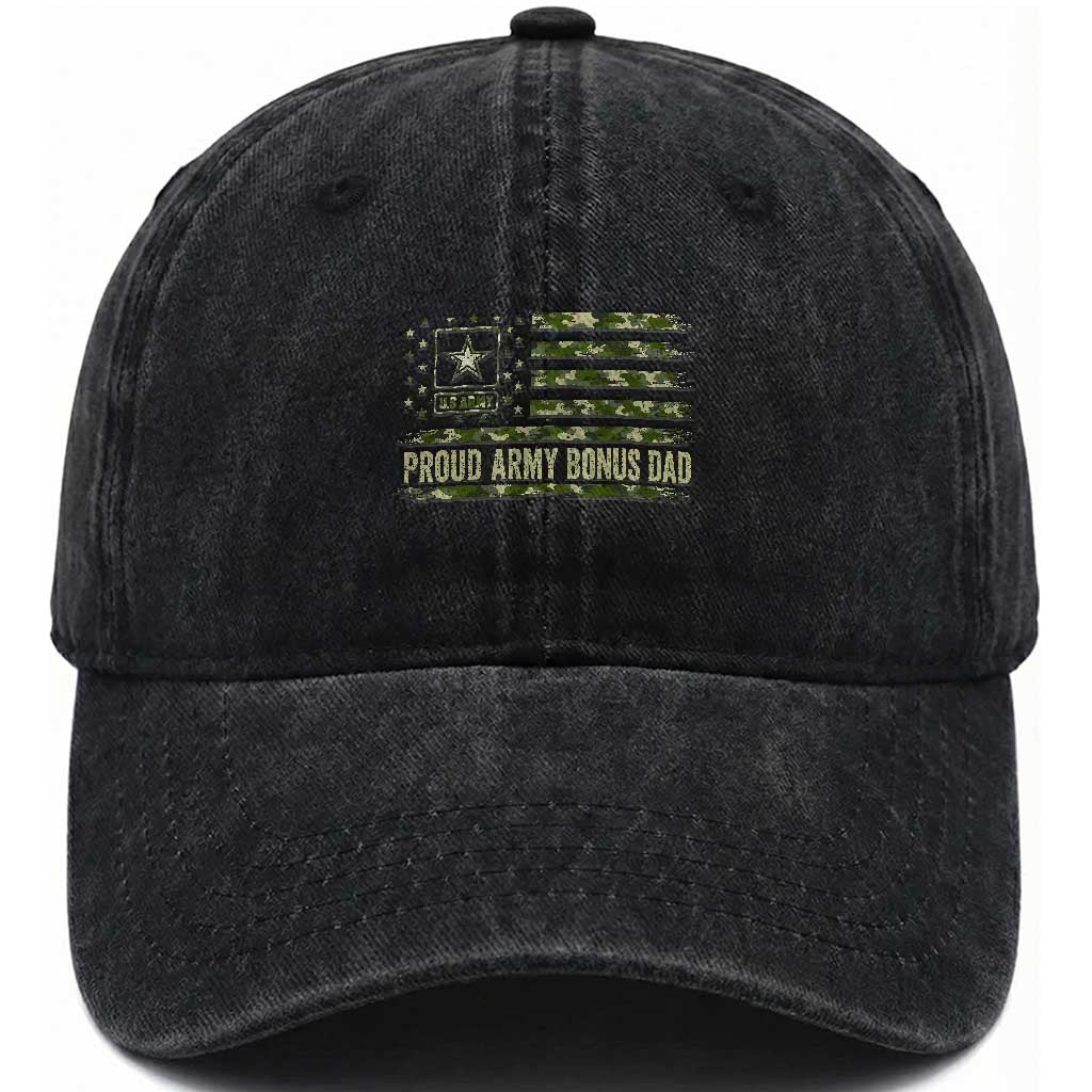 Proud Army Bonus Dad Washed Cotton Baseball Cap Vintage Stepdad Birthday Step Dad Camo US Flag TS10 Print Your Wear