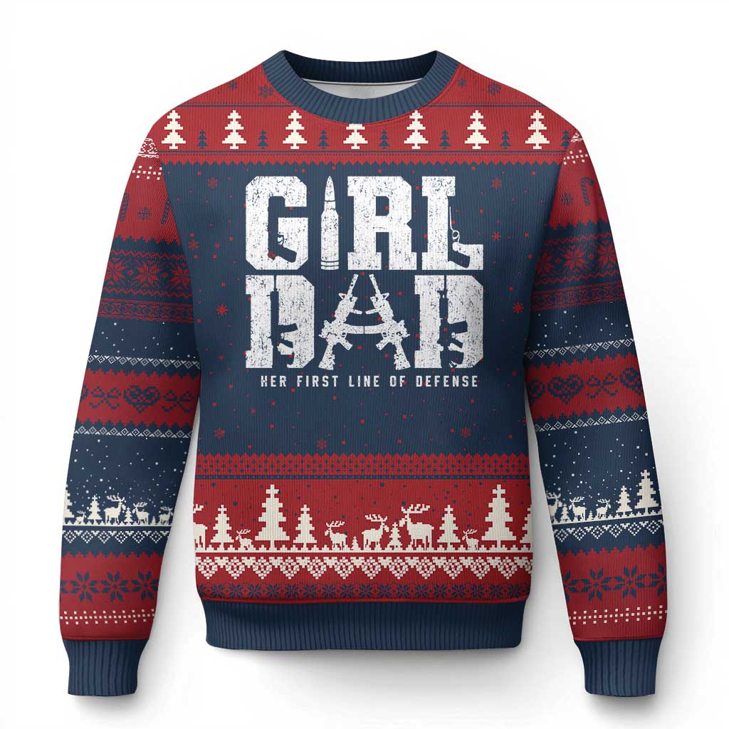 Girl Dad Ugly Christmas Sweater Vintage Her First Line Of Defense Gun Lovers Fathers Day TS10 Navy Red Print Your Wear