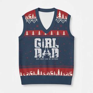 Girl Dad V-Neck Knit Sweater Vest Vintage Her First Line Of Defense Gun Lovers Fathers Day