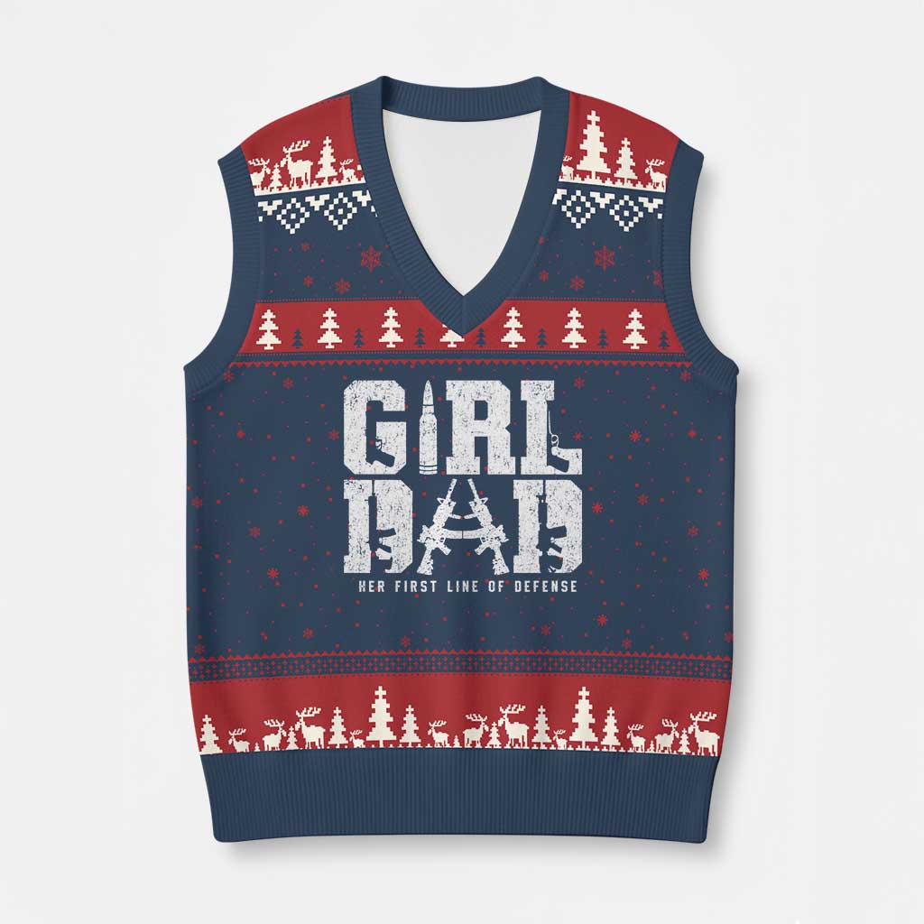 Girl Dad V-Neck Knit Sweater Vest Vintage Her First Line Of Defense Gun Lovers Fathers Day TS10 Navy Red Print Your Wear