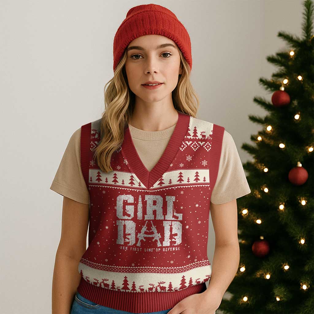 Girl Dad V-Neck Knit Sweater Vest Vintage Her First Line Of Defense Gun Lovers Fathers Day