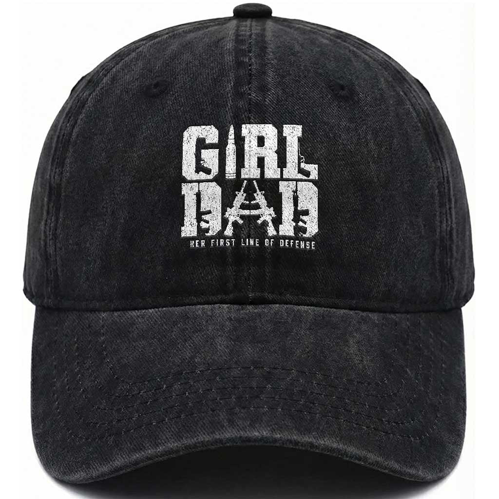 Girl Dad Washed Cotton Baseball Cap Vintage Her First Line Of Defense Gun Lovers Fathers Day TS10 Print Your Wear