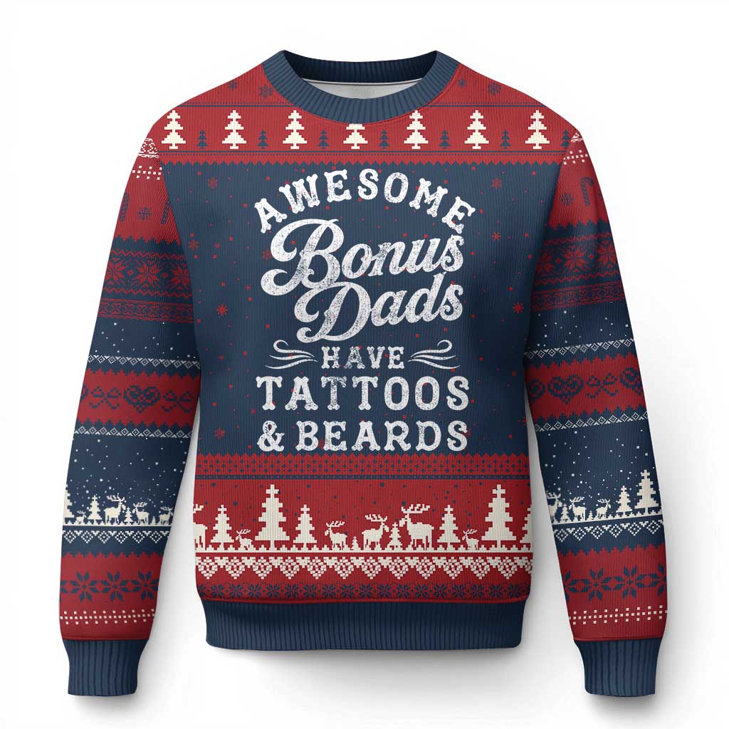Funny Stepdad Ugly Christmas Sweater Awesome Bonus Dads Have Tattoos And Beards TS10 Navy Red Print Your Wear