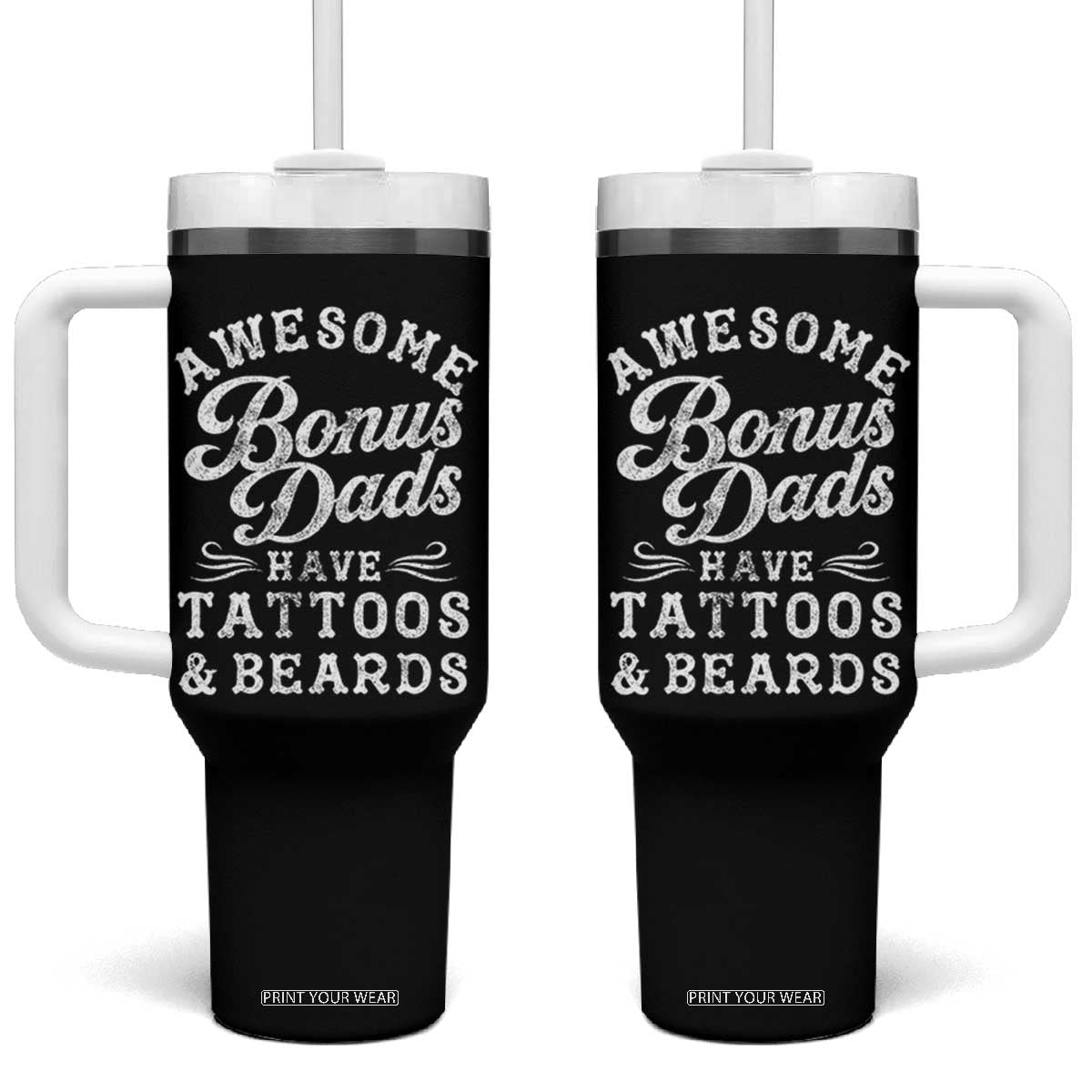 Funny Stepdad Tumbler With Handle Awesome Bonus Dads Have Tattoos And Beards TS10 One Size: 40 oz Black Print Your Wear
