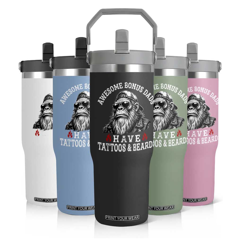 Funny Bigfoot Stepdad Flip Straw Tumbler Awesome Bonus Dads Have Tattoos And Beards TS10 Print Your Wear