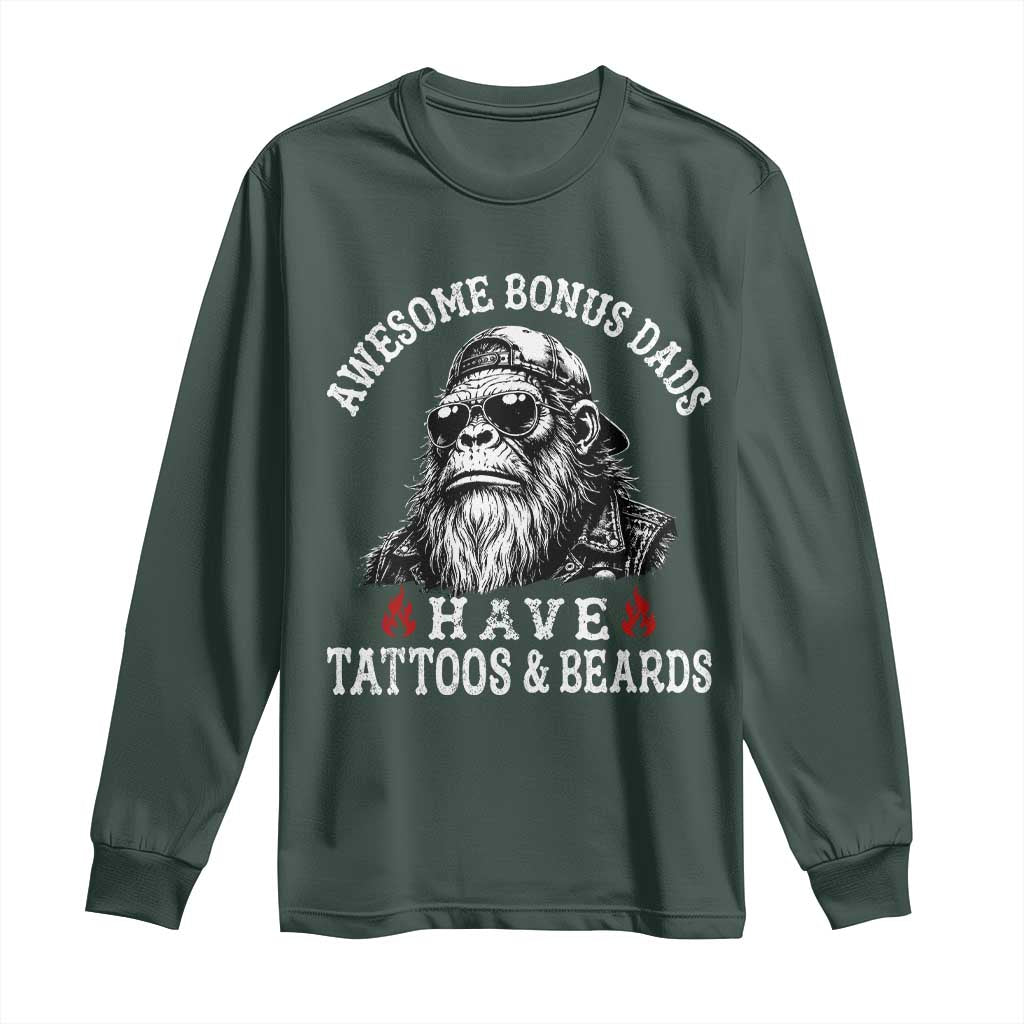 Funny Bigfoot Stepdad Long Sleeve Shirt Awesome Bonus Dads Have Tattoos And Beards TS10 Dark Forest Green Print Your Wear