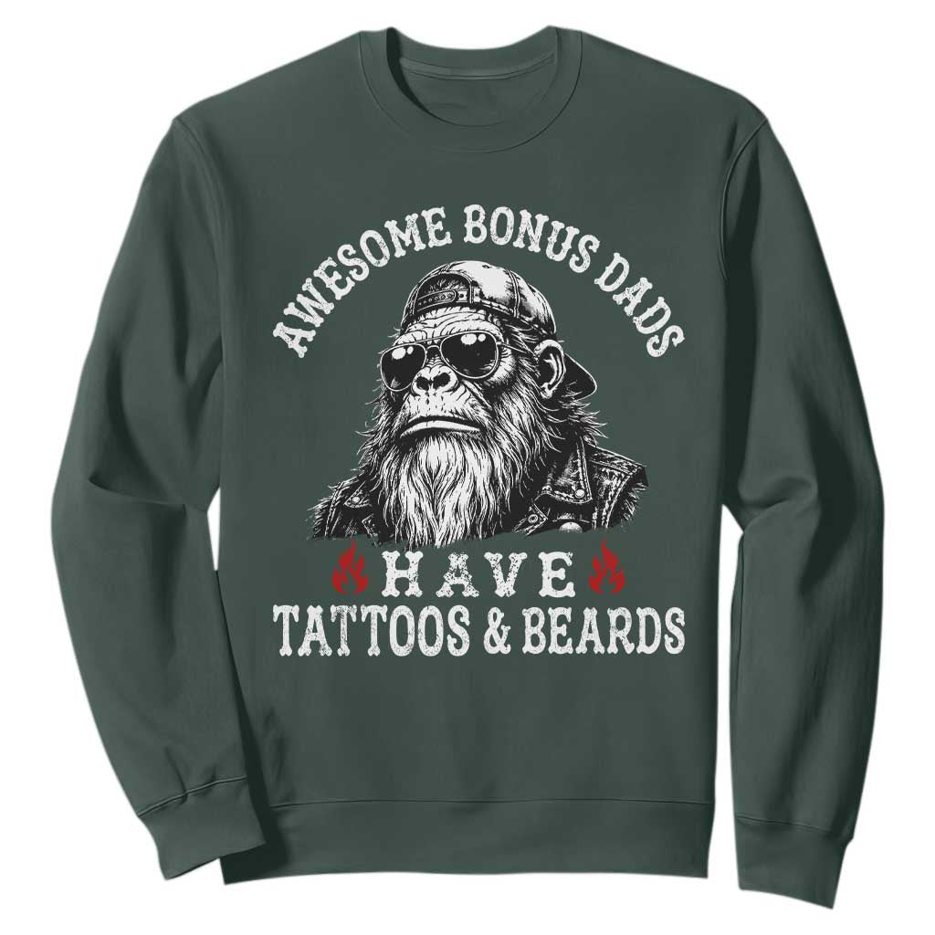 Funny Bigfoot Stepdad Sweatshirt Awesome Bonus Dads Have Tattoos And Beards TS10 Dark Forest Green Print Your Wear