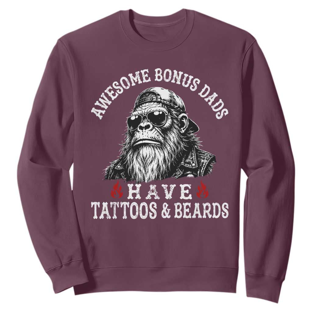 Funny Bigfoot Stepdad Sweatshirt Awesome Bonus Dads Have Tattoos And Beards TS10 Maroon Print Your Wear