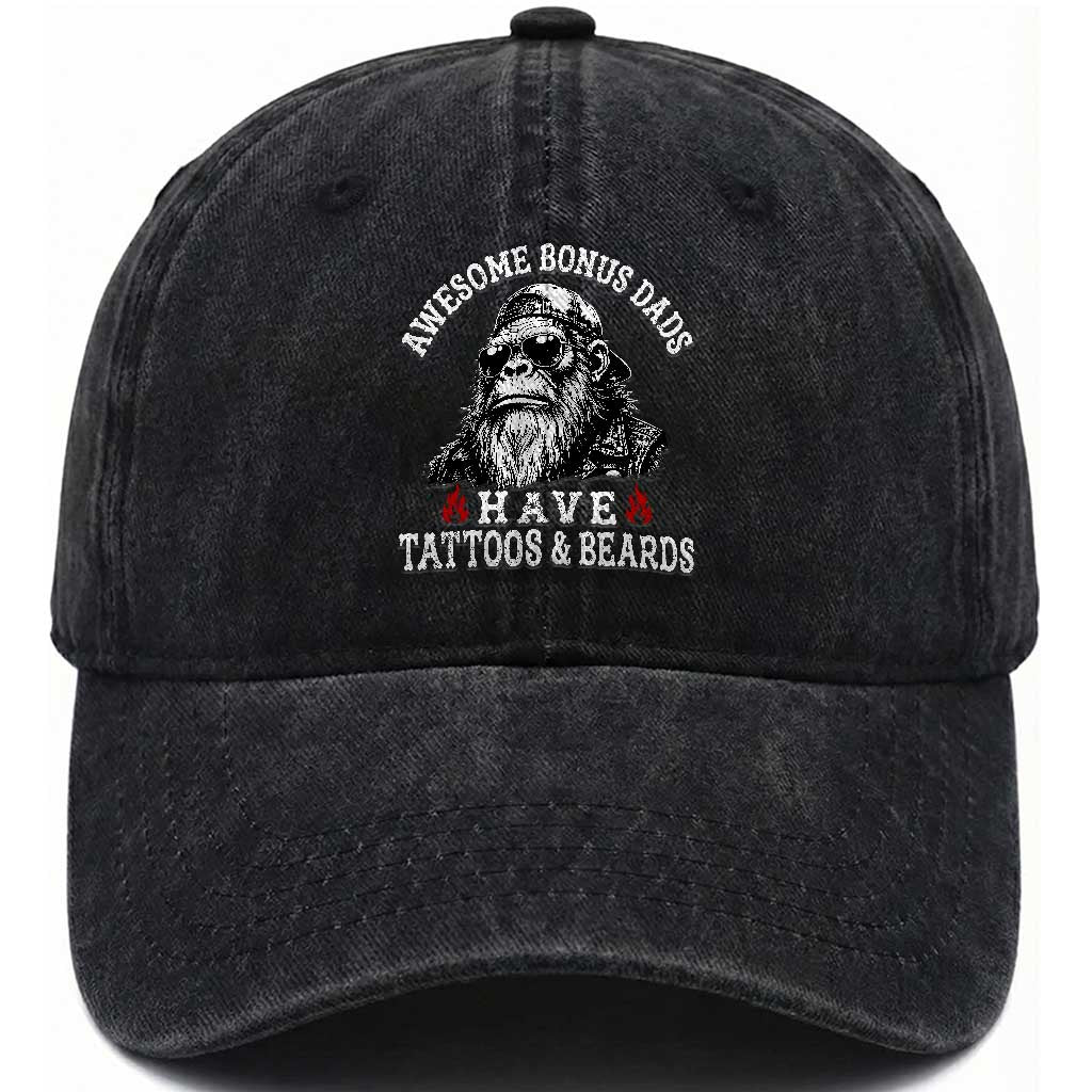 Funny Bigfoot Stepdad Washed Cotton Baseball Cap Awesome Bonus Dads Have Tattoos And Beards TS10 Print Your Wear