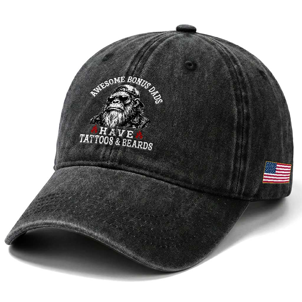 Funny Bigfoot Stepdad Washed Cotton Baseball Cap Awesome Bonus Dads Have Tattoos And Beards TS10 Print Your Wear
