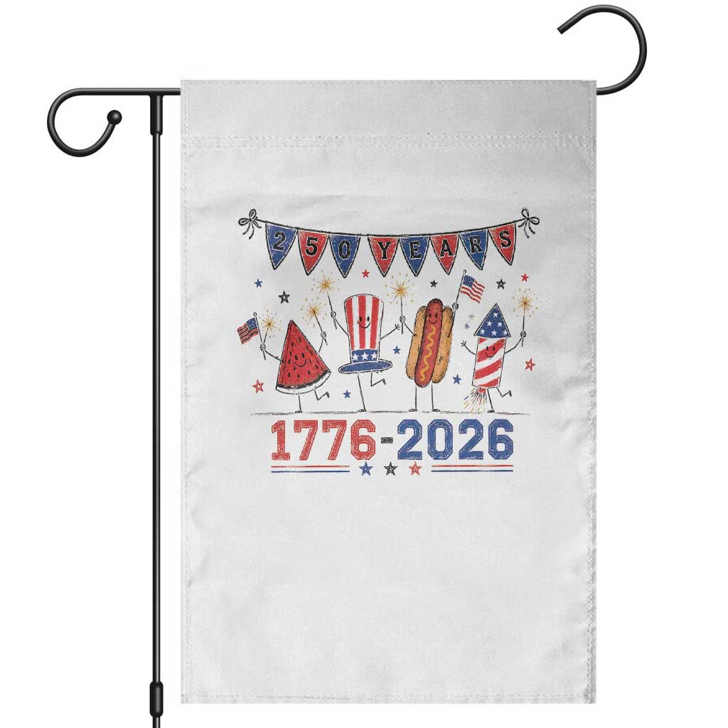 250th Anniversary USA Garden Flag Patriotic Watermelon Hotdog Firework 250 Years American 1776 2026 250th 4th July TS10 White Print Your Wear