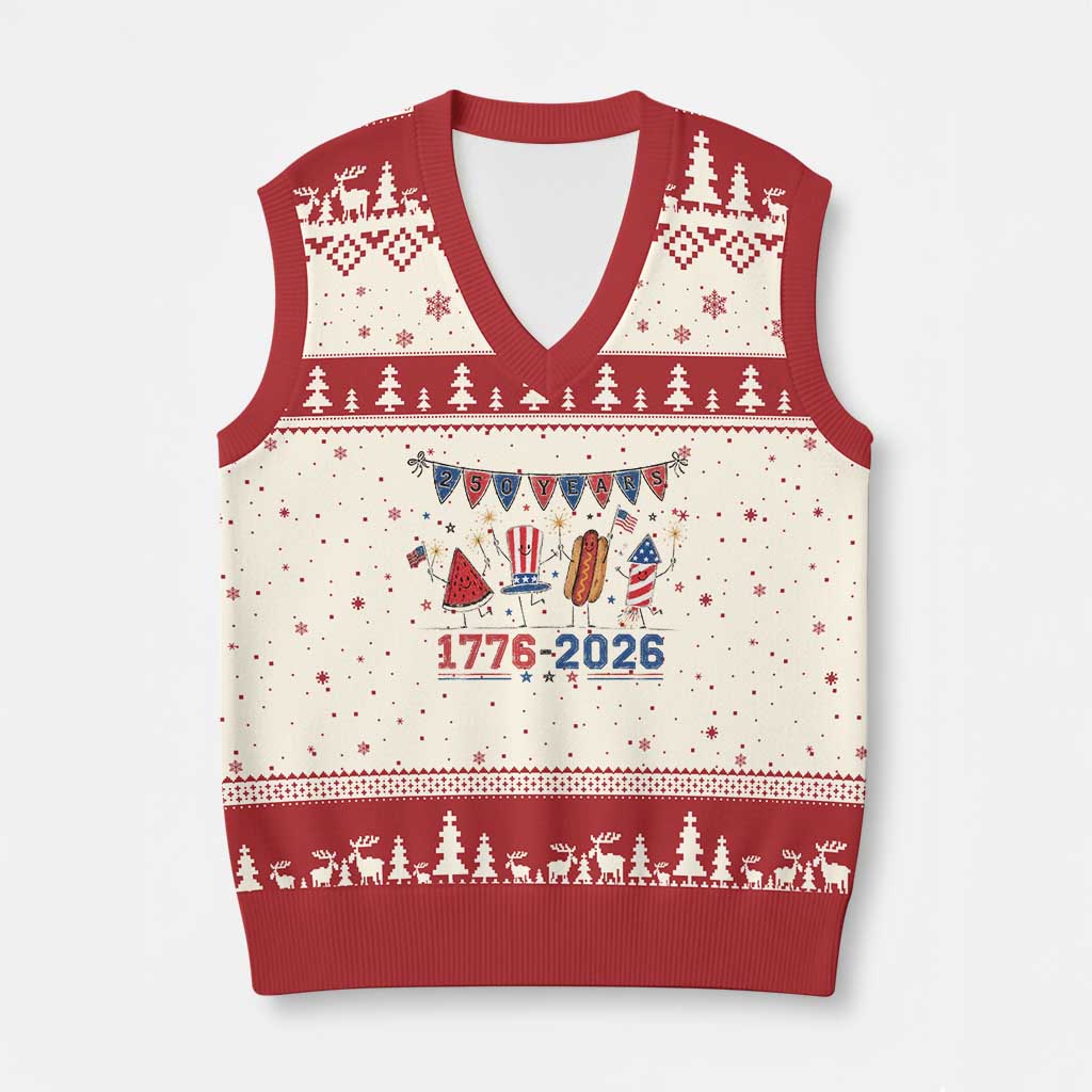 250th Anniversary USA V-Neck Knit Sweater Vest Patriotic Watermelon Hotdog Firework 250 Years American 1776 2026 250th 4th July