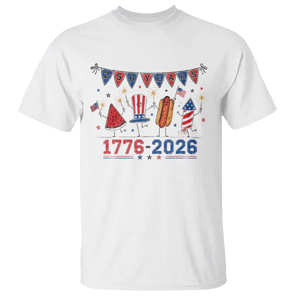 250th Anniversary USA T Shirt Patriotic Watermelon Hotdog Firework 250 Years American 1776 2026 250th 4th July TS10 White Print Your Wear