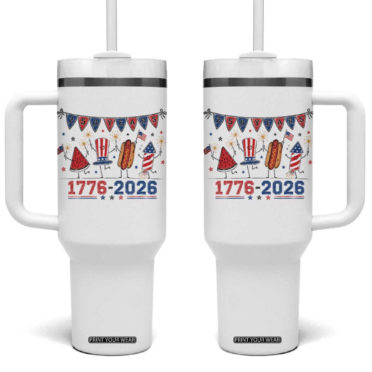 250th Anniversary USA Tumbler With Handle Patriotic Watermelon Hotdog Firework 250 Years American 1776 2026 250th 4th July TS10 One Size: 40 oz White Print Your Wear