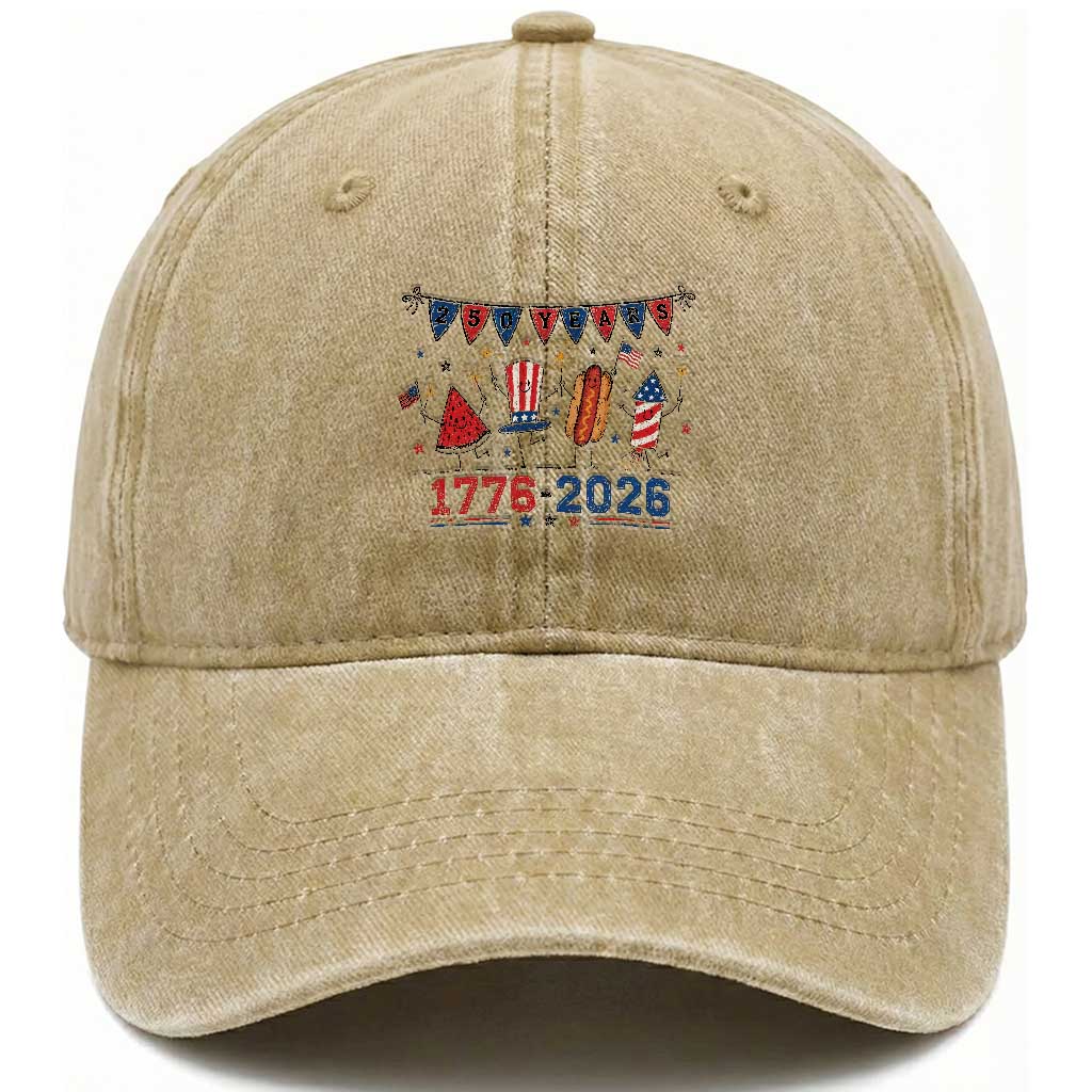 250th Anniversary USA Washed Cotton Baseball Cap Patriotic Watermelon Hotdog Firework 250 Years American 1776 2026 250th 4th July