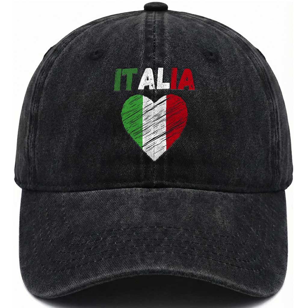 Italian Flag Heart Washed Cotton Baseball Cap Retro Vintage Italia Graphic