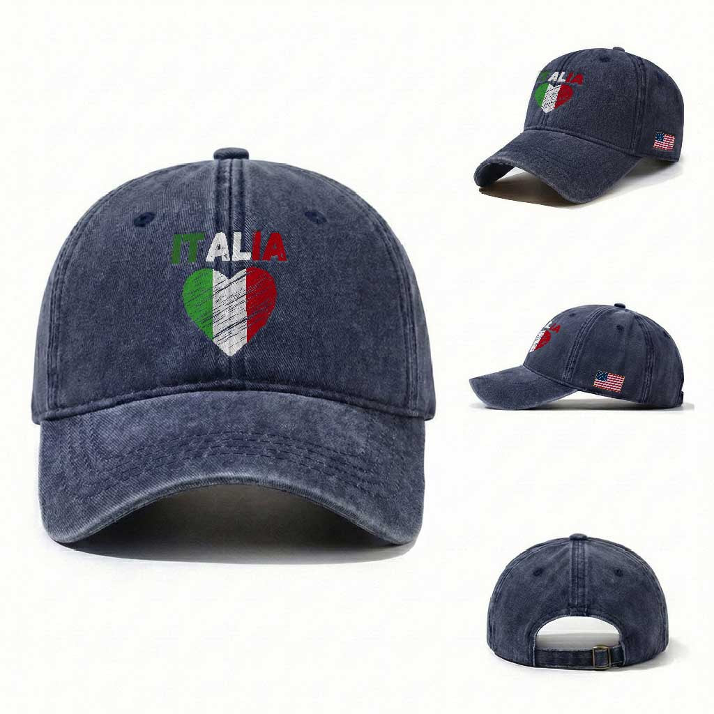 Italian Flag Heart Washed Cotton Baseball Cap Retro Vintage Italia Graphic