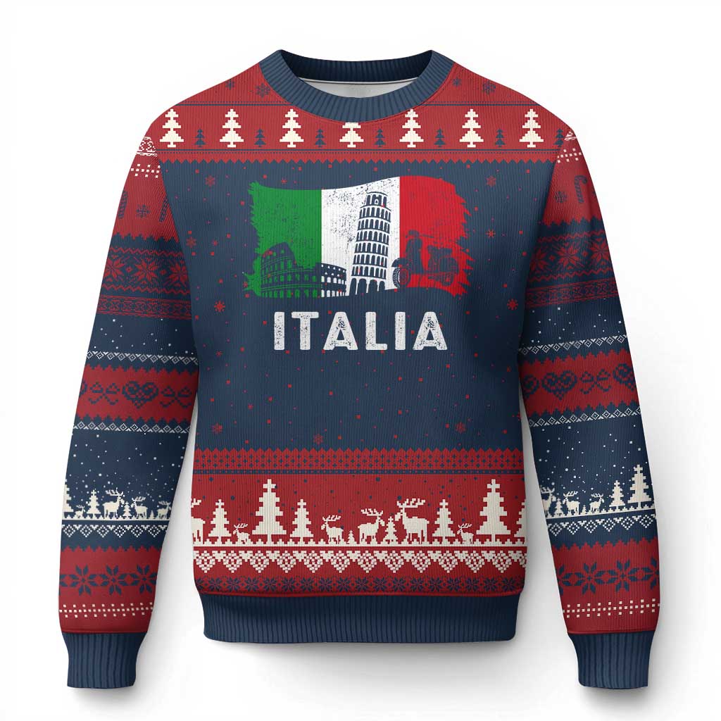 Italian Flag Ugly Christmas Sweater Distressed Style Pisa Tower Colosseum Classic Scooter TS10 Navy Red Print Your Wear