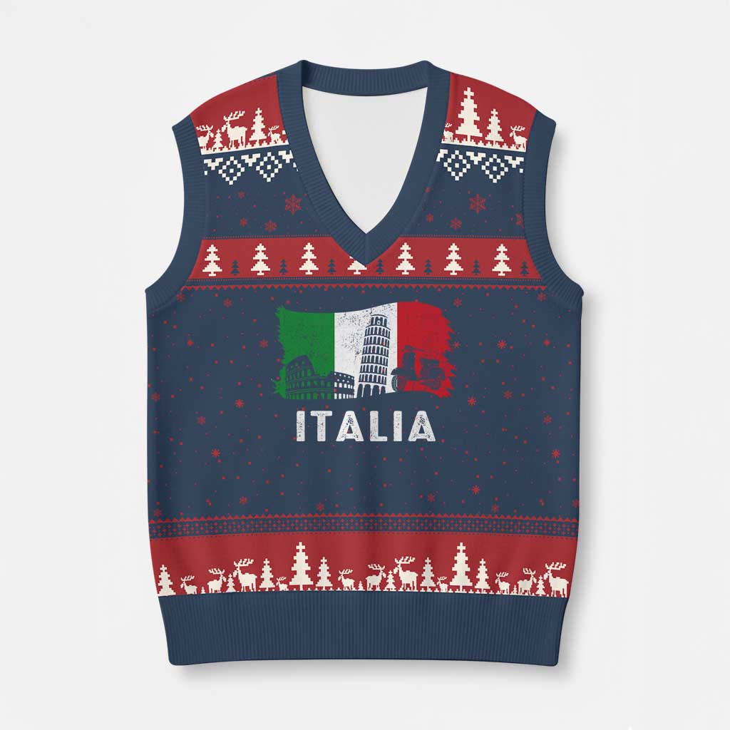 Italian Flag V-Neck Knit Sweater Vest Distressed Style Pisa Tower Colosseum Classic Scooter TS10 Navy Red Print Your Wear