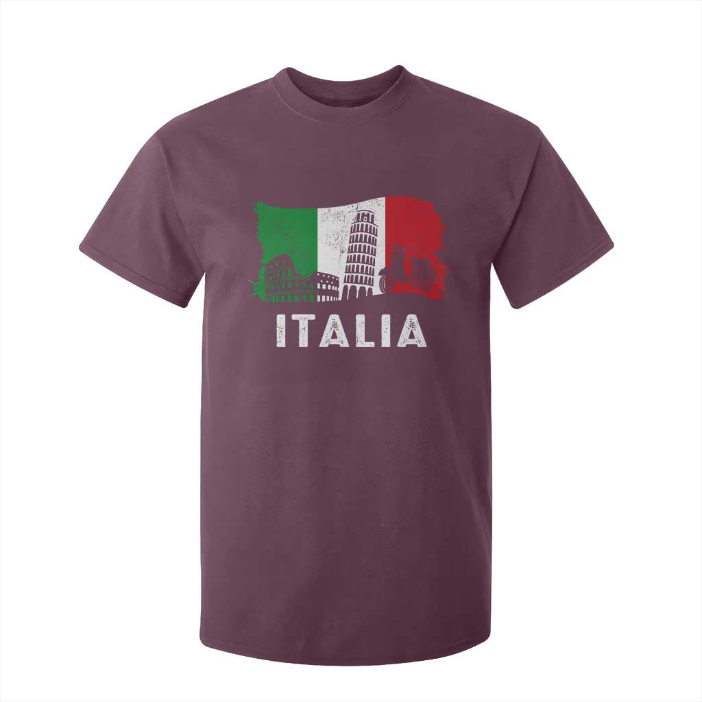 Italian Flag T Shirt For Kid Distressed Style Pisa Tower Colosseum Classic Scooter TS10 Maroon Print Your Wear