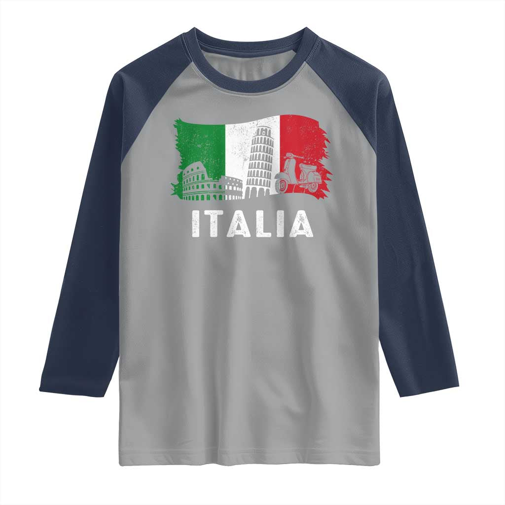 Italian Flag Raglan Shirt Distressed Style Pisa Tower Colosseum Classic Scooter TS10 Sport Gray Navy Print Your Wear