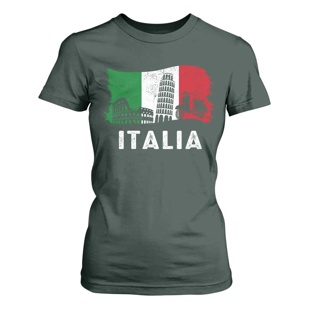 Italian Flag T Shirt For Women Distressed Style Pisa Tower Colosseum Classic Scooter TS10 Dark Forest Green Print Your Wear