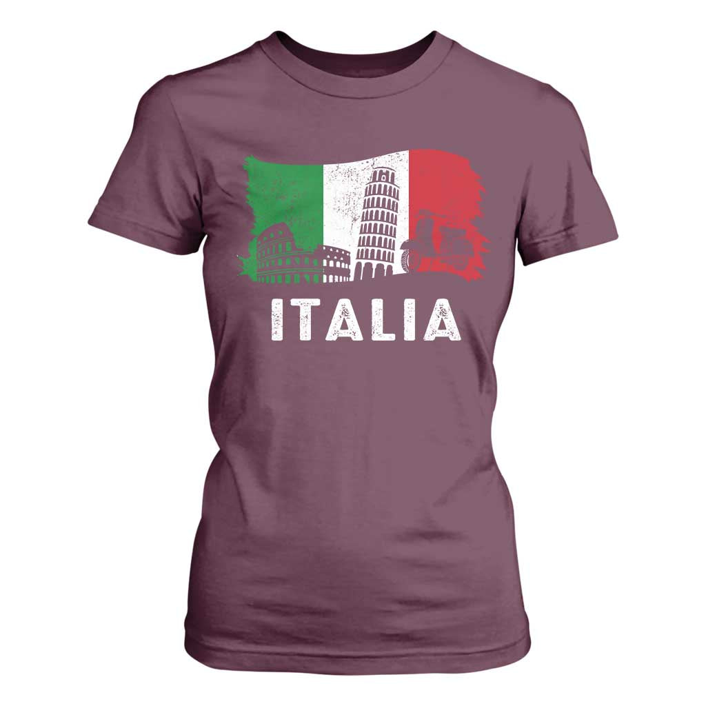 Italian Flag T Shirt For Women Distressed Style Pisa Tower Colosseum Classic Scooter TS10 Maroon Print Your Wear
