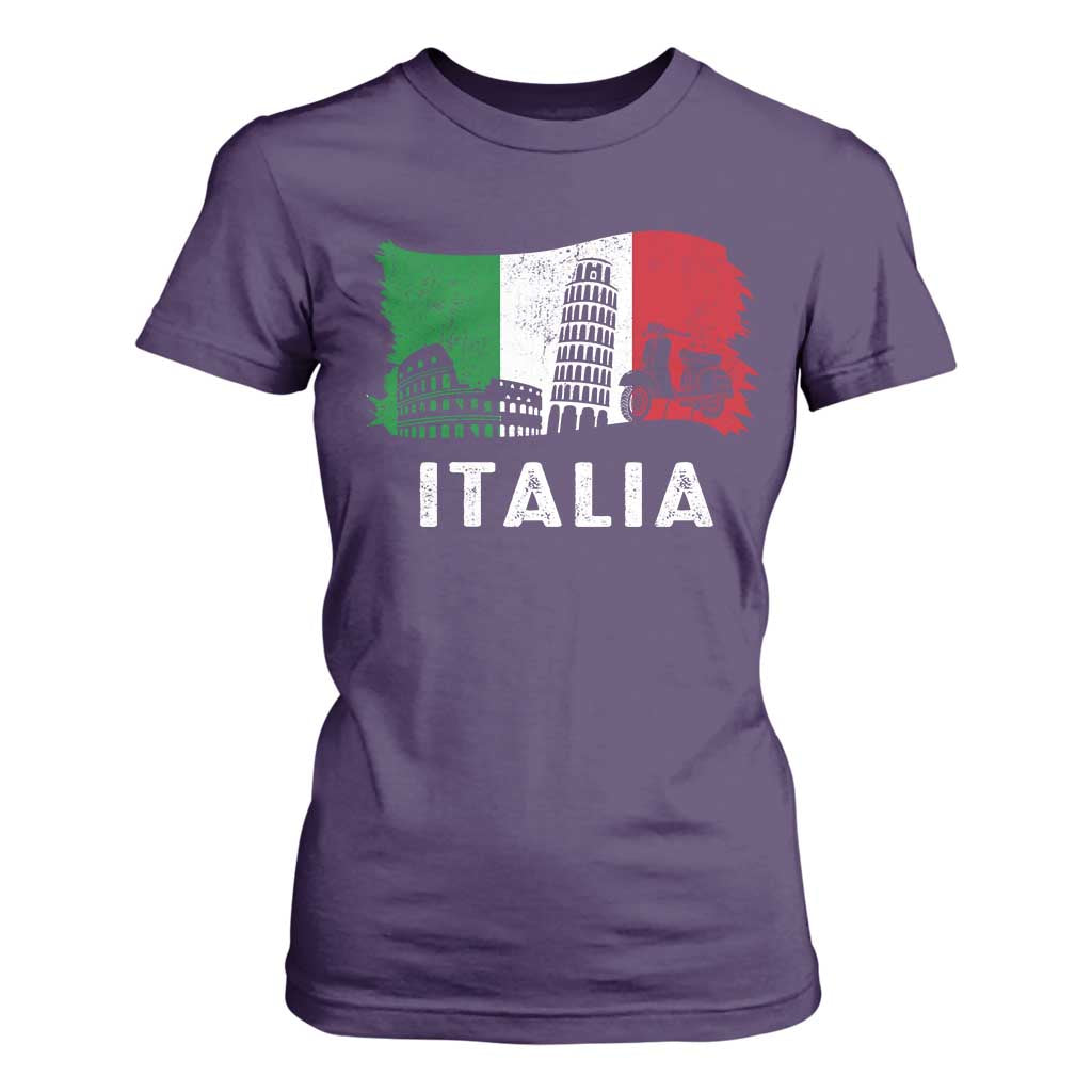 Italian Flag T Shirt For Women Distressed Style Pisa Tower Colosseum Classic Scooter TS10 Purple Print Your Wear