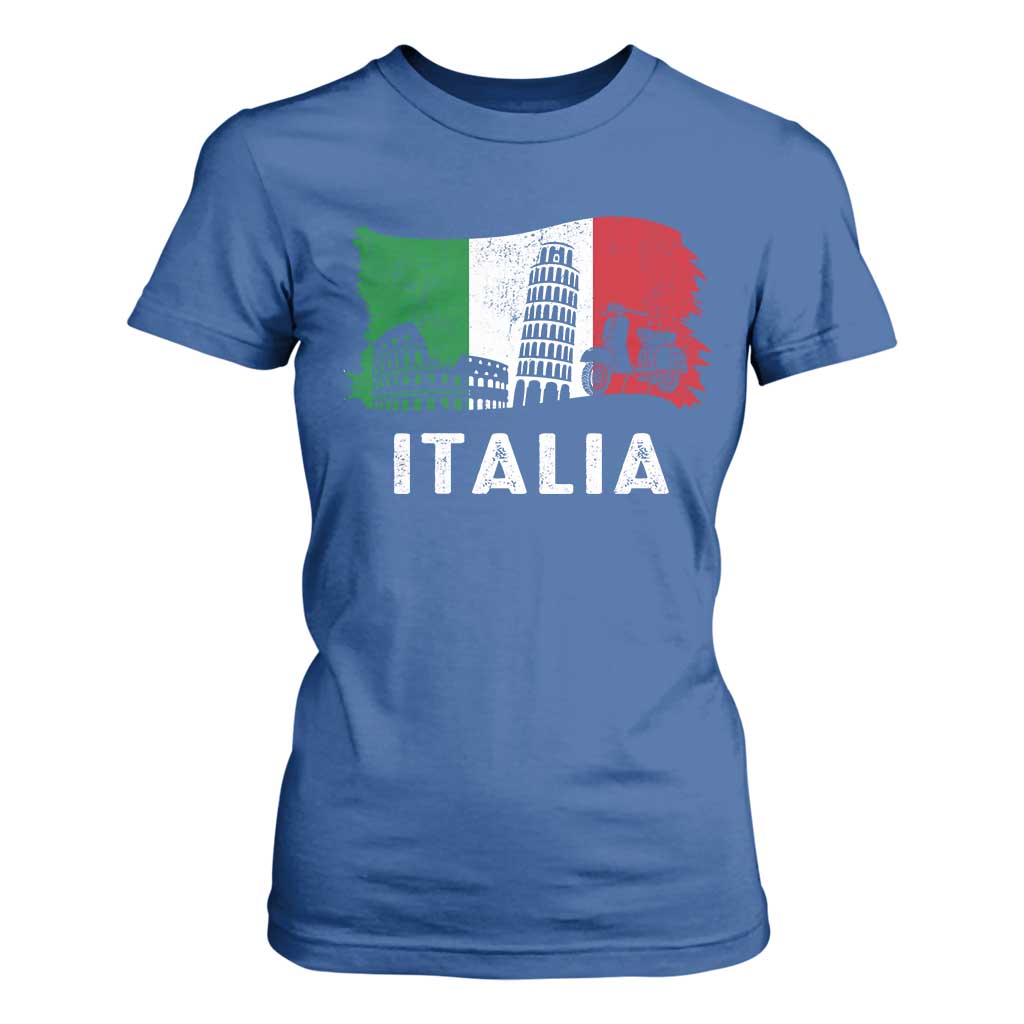 Italian Flag T Shirt For Women Distressed Style Pisa Tower Colosseum Classic Scooter TS10 Royal Blue Print Your Wear