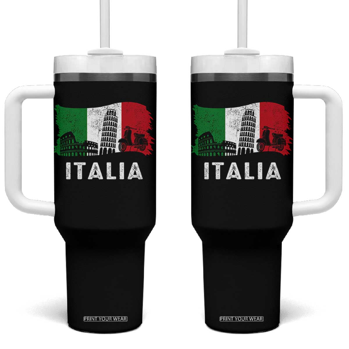 Italian Flag Tumbler With Handle Distressed Style Pisa Tower Colosseum Classic Scooter TS10 One Size: 40 oz Black Print Your Wear