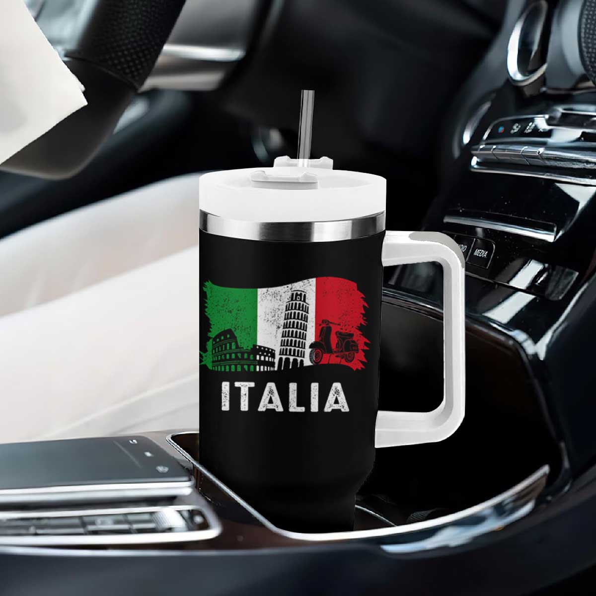 Italian Flag Tumbler With Handle Distressed Style Pisa Tower Colosseum Classic Scooter TS10 Print Your Wear