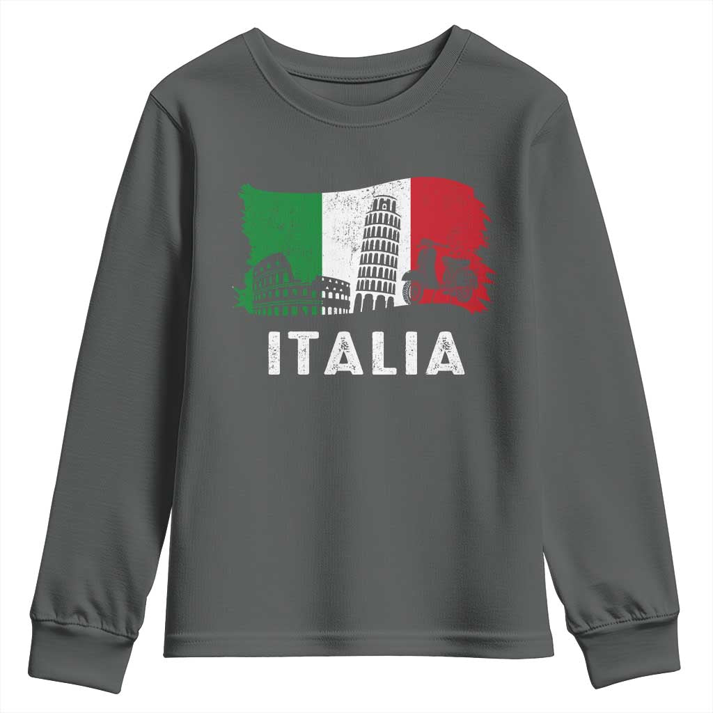 Italian Flag Youth Sweatshirt Distressed Style Pisa Tower Colosseum Classic Scooter TS10 Dark Heather Print Your Wear