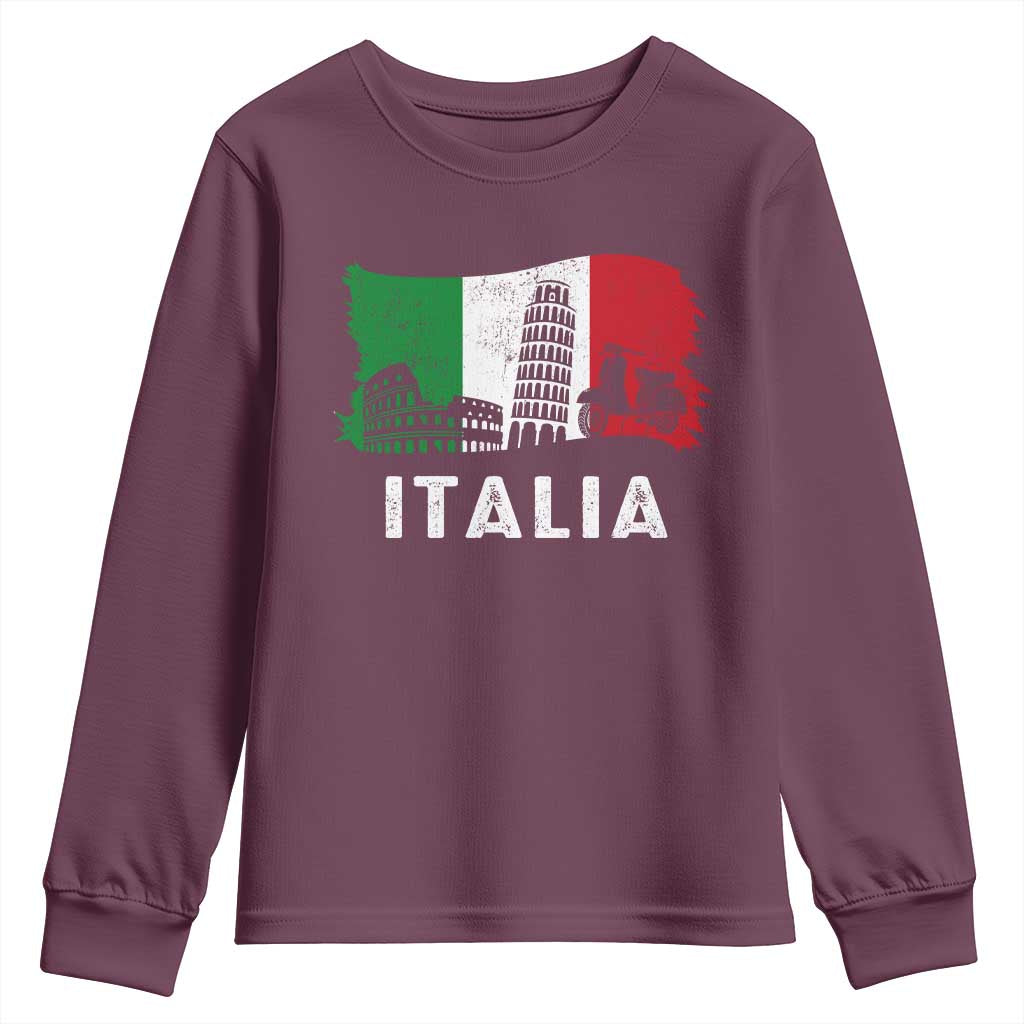 Italian Flag Youth Sweatshirt Distressed Style Pisa Tower Colosseum Classic Scooter TS10 Maroon Print Your Wear