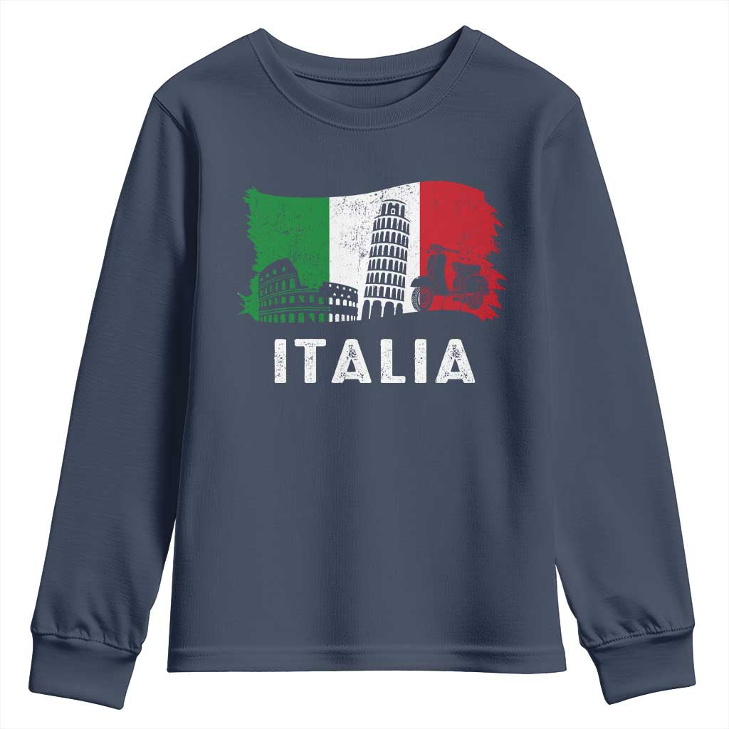 Italian Flag Youth Sweatshirt Distressed Style Pisa Tower Colosseum Classic Scooter TS10 Navy Print Your Wear