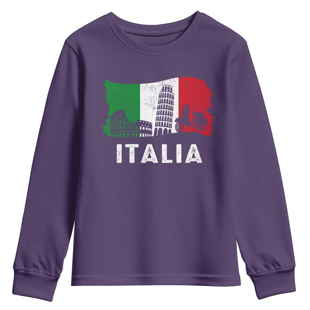 Italian Flag Youth Sweatshirt Distressed Style Pisa Tower Colosseum Classic Scooter TS10 Purple Print Your Wear