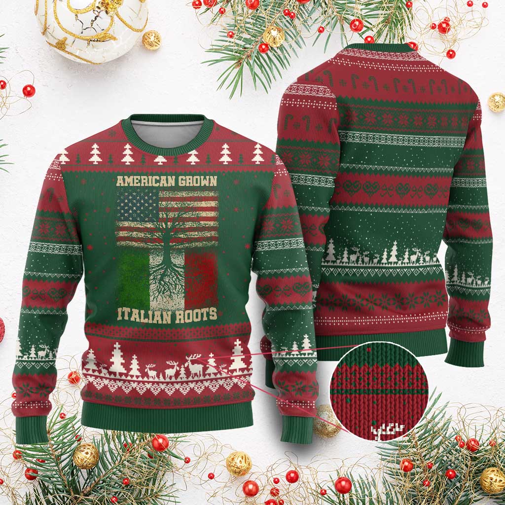 American Grown Italian Roots Ugly Christmas Sweater USA Italy Flag Family Tree Italian TS10 Red Green Print Your Wear