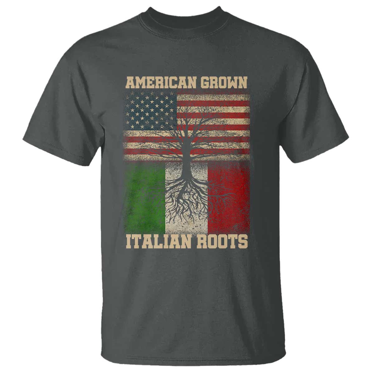 American Grown Italian Roots T Shirt USA Italy Flag Family Tree Italian TS10 Dark Heather Print Your Wear
