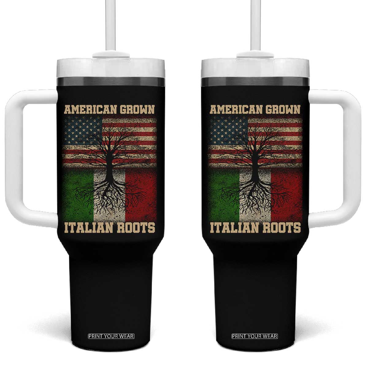 American Grown Italian Roots Tumbler With Handle USA Italy Flag Family Tree Italian TS10 One Size: 40 oz Black Print Your Wear