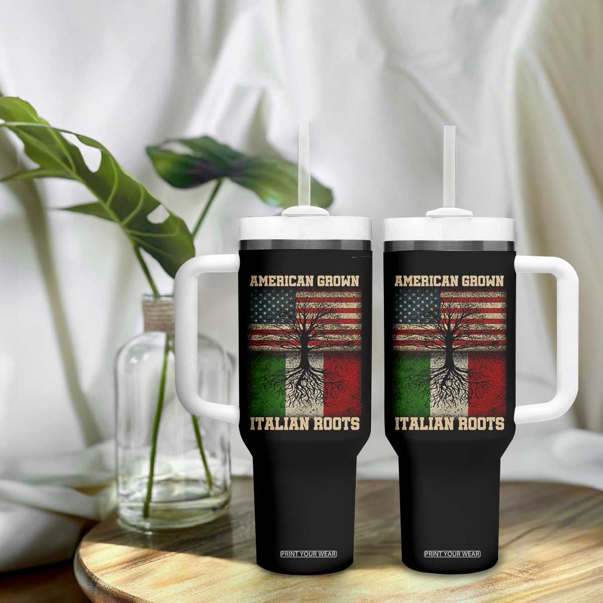 American Grown Italian Roots Tumbler With Handle USA Italy Flag Family Tree Italian TS10 Print Your Wear