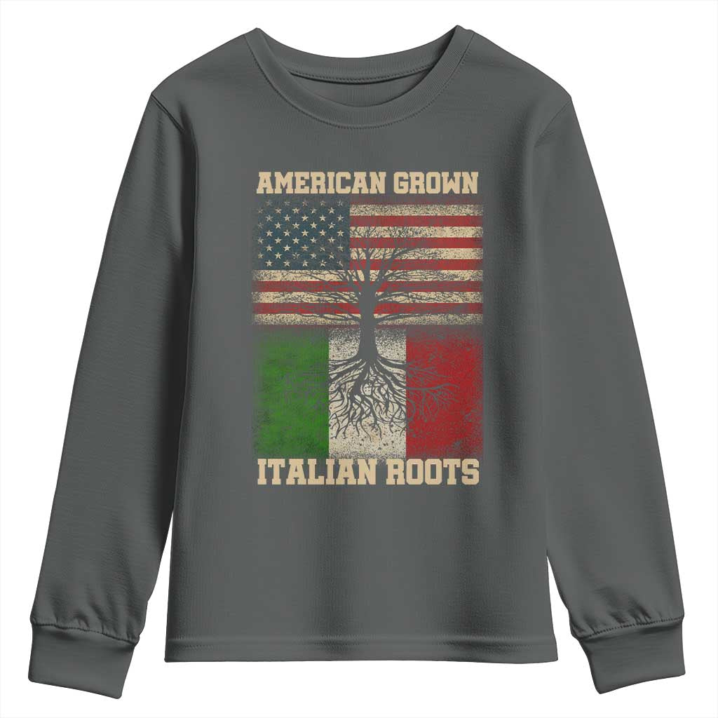 American Grown Italian Roots Youth Sweatshirt USA Italy Flag Family Tree Italian TS10 Dark Heather Print Your Wear
