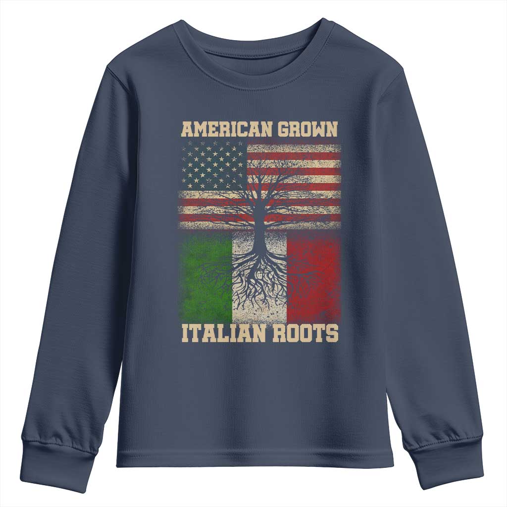 American Grown Italian Roots Youth Sweatshirt USA Italy Flag Family Tree Italian TS10 Navy Print Your Wear