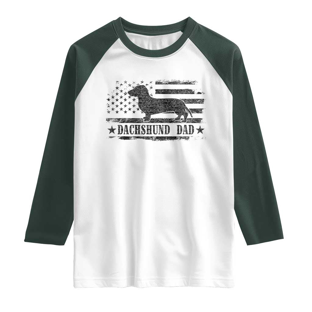 Dachshund Dog Dad Raglan Shirt Fathers Day Gift for Dog Lovers American Flag TS10 White Dark Forest Green Print Your Wear