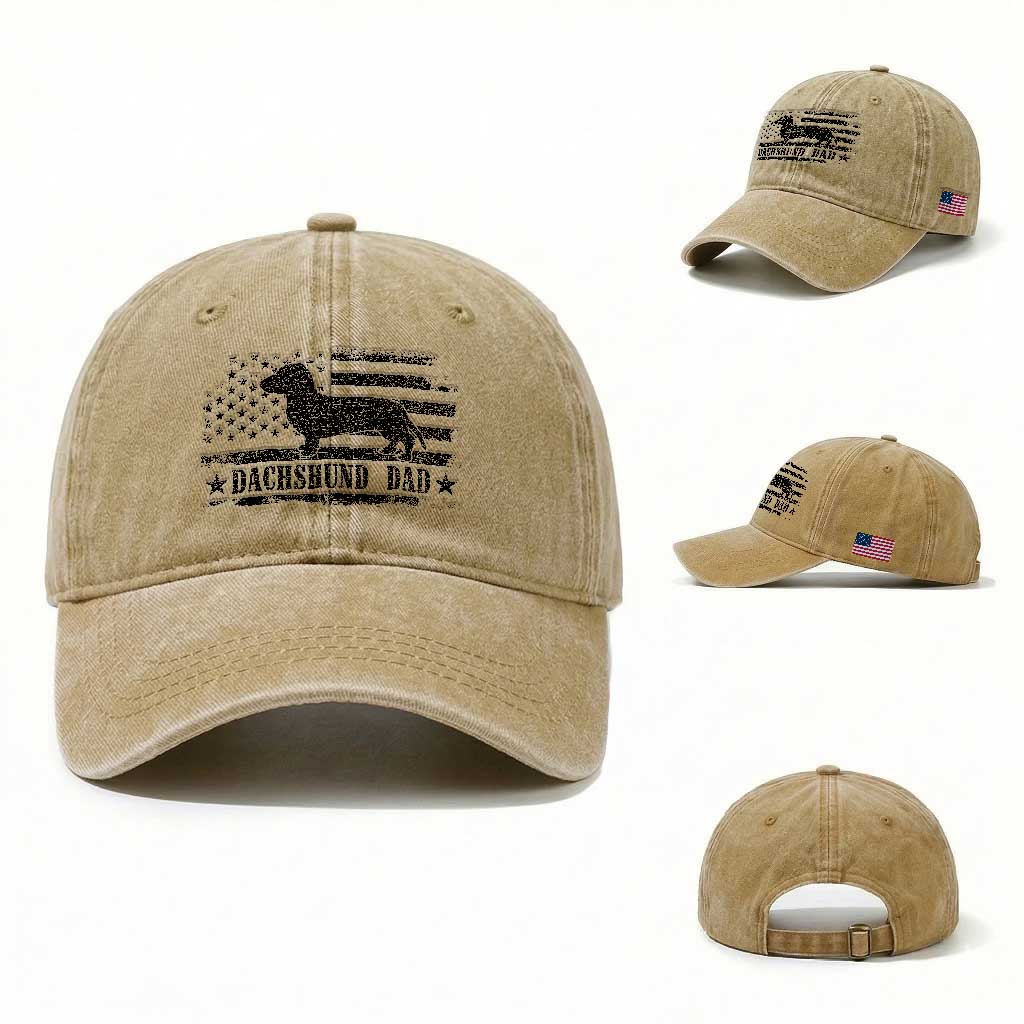 Dachshund Dog Dad Washed Cotton Baseball Cap Fathers Day Gift for Dog Lovers American Flag TS10 Washed Cap Universal Fit Khaki Print Your Wear