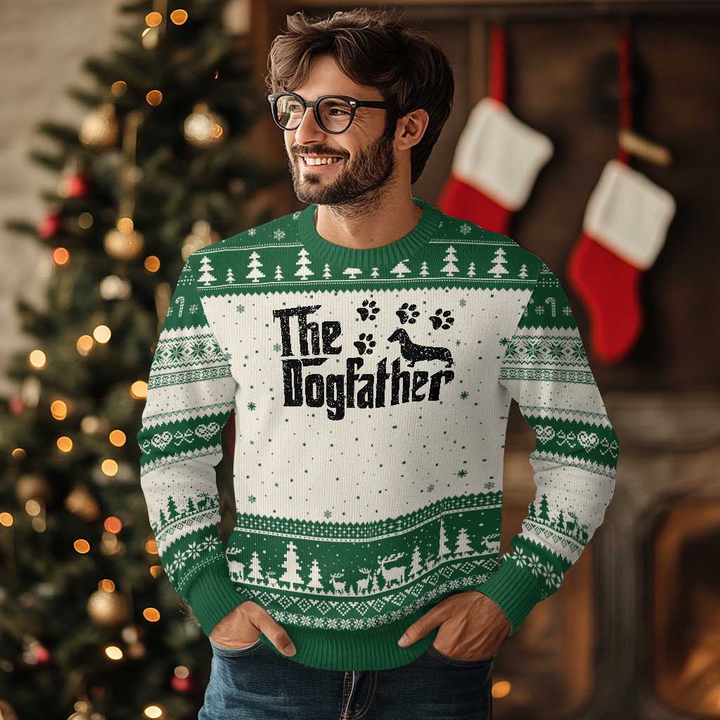 Dachshund Dog Dad Ugly Christmas Sweater The Dogfather Fathers Day Gifts For Dog Lovers TS10 Beige Green Print Your Wear