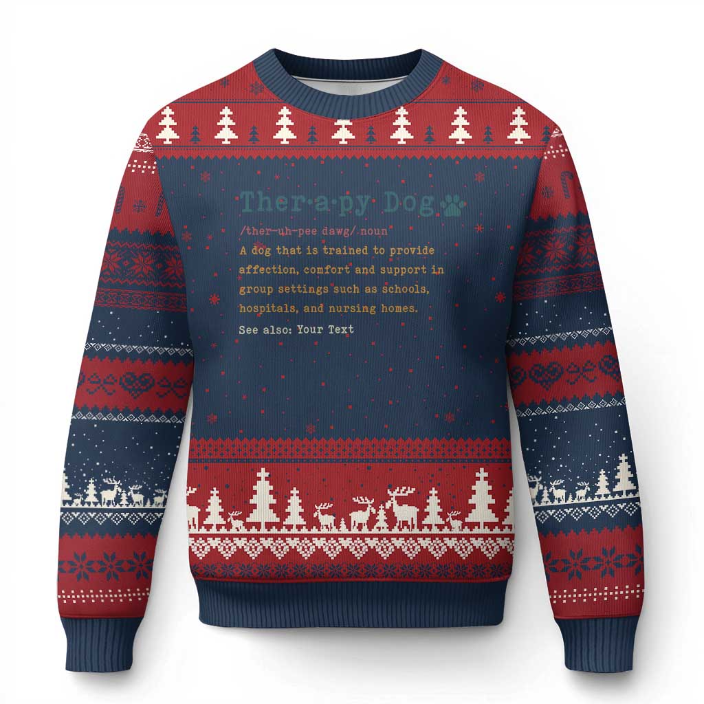 Personalized Therapy Dog Ugly Christmas Sweater Retro Custom Name Pet Partners TS10 Navy Red Print Your Wear