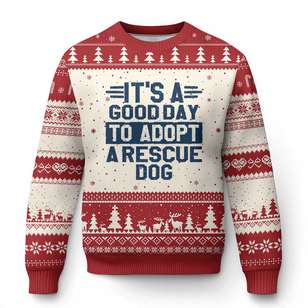 Dog Rescue Ugly Christmas Sweater Its A Good Day to Adopt Rescue Dog TS10 Beige Red Print Your Wear
