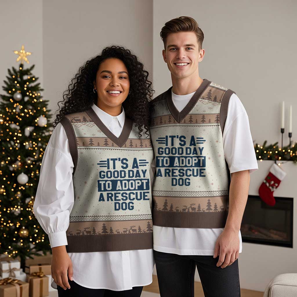 Dog Rescue V-Neck Knit Sweater Vest Its A Good Day to Adopt Rescue Dog TS10 Mocha Mousse Print Your Wear