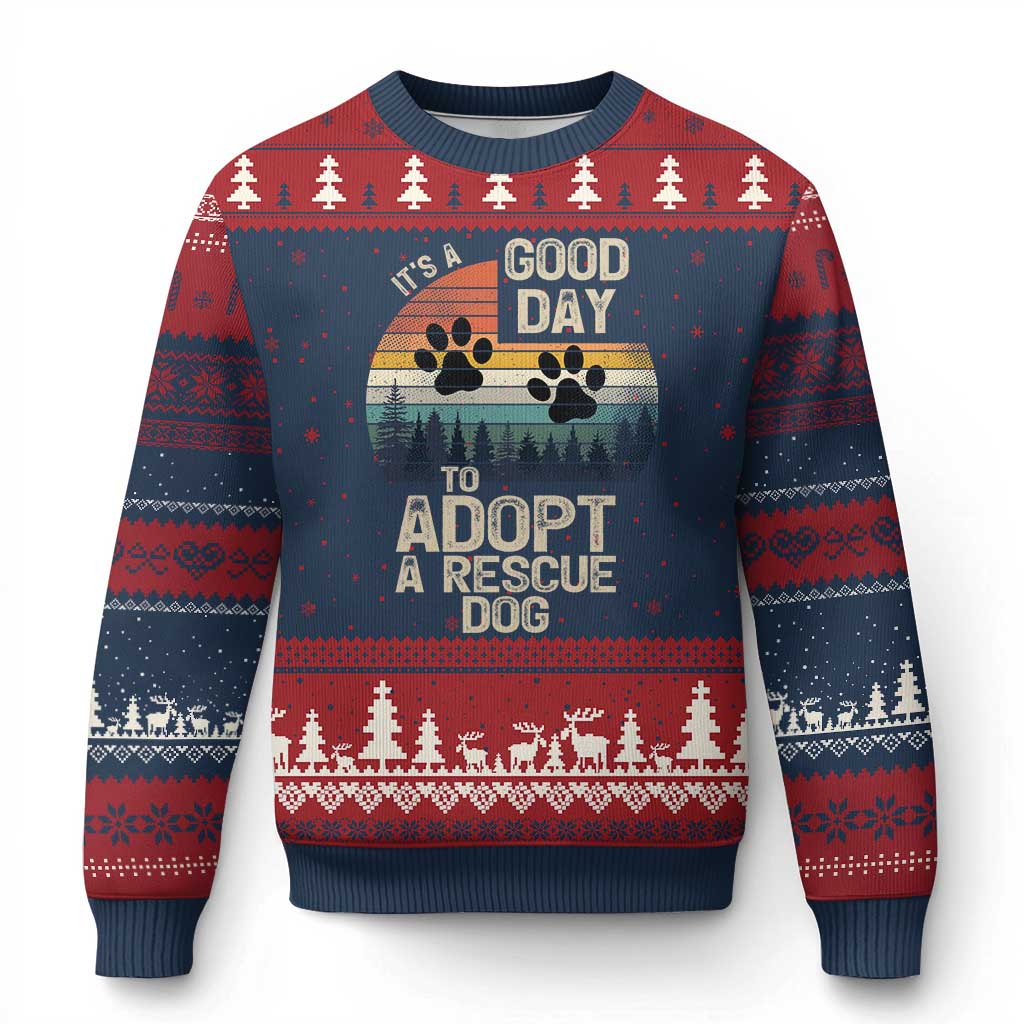 Dog Rescue Ugly Christmas Sweater Retro Its A Good Day to Adopt Rescue Dog TS10 Navy Red Print Your Wear