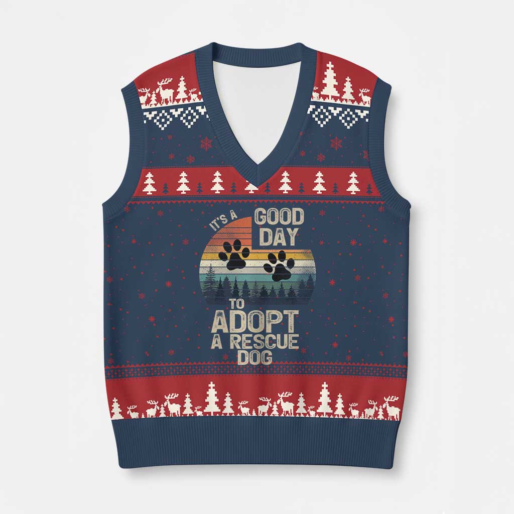 Dog Rescue V-Neck Knit Sweater Vest Retro Its A Good Day to Adopt Rescue Dog TS10 Navy Red Print Your Wear
