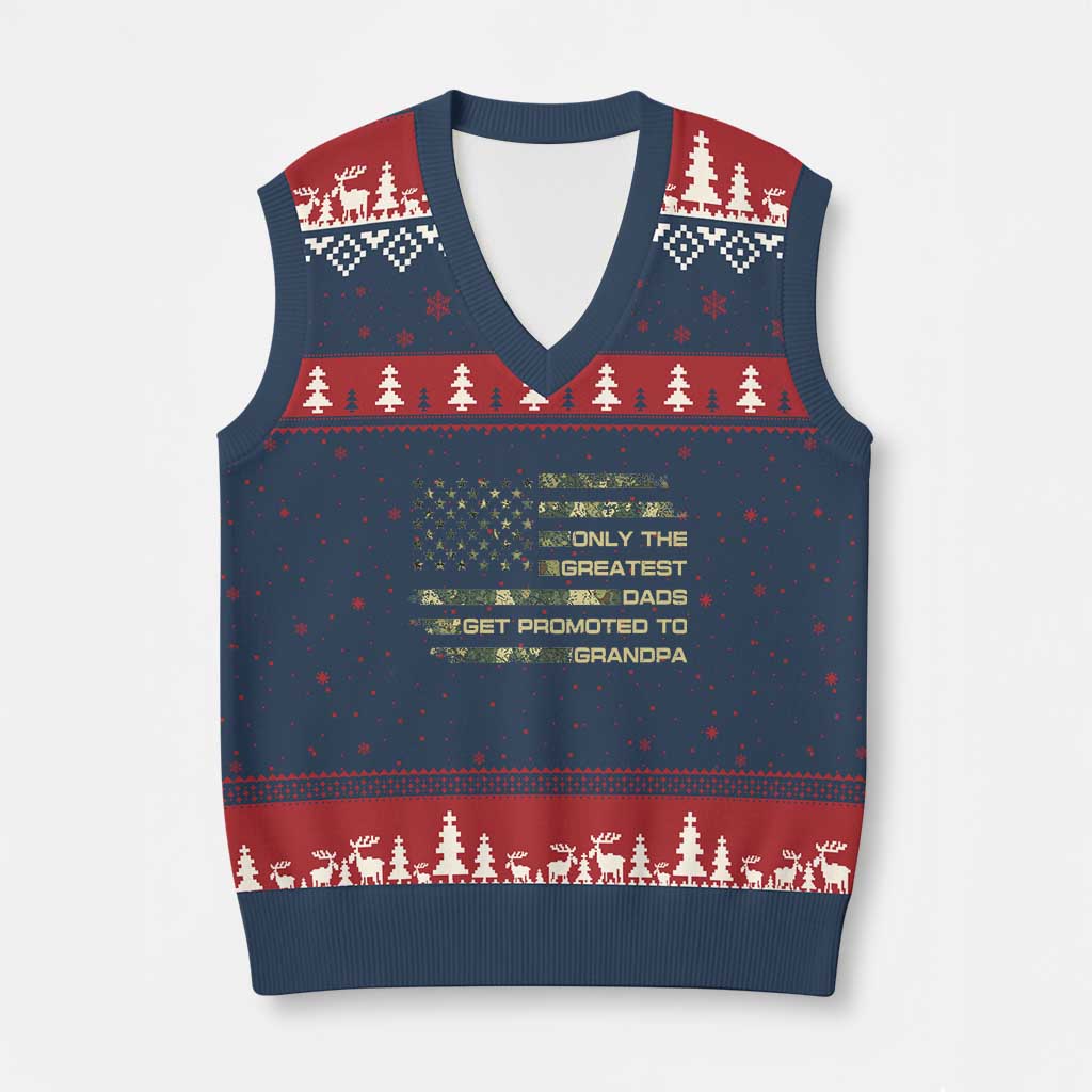Greatest Dads Get Promoted To Grandpa V-Neck Knit Sweater Vest Retro Camo American Flag New Grandpa Gift TS10 Navy Red Print Your Wear
